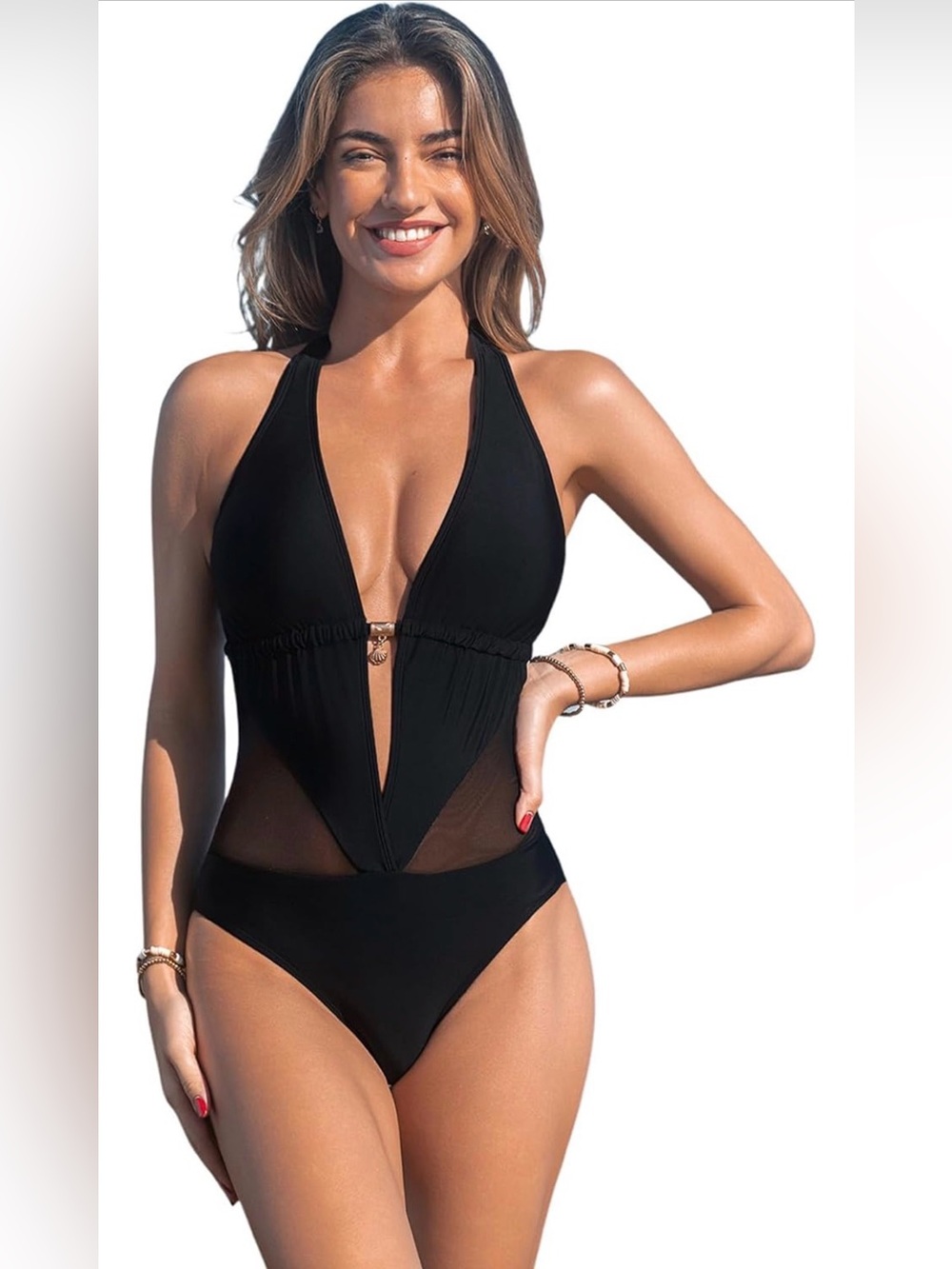 NWT Cupshe Black Halter Plunge One-Piece Swimsuit with Mesh Insets - size S